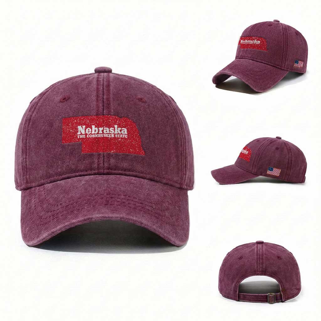 Nebraska The Cornhusker State Washed Cotton Baseball Cap Distressed NE State Map TS11