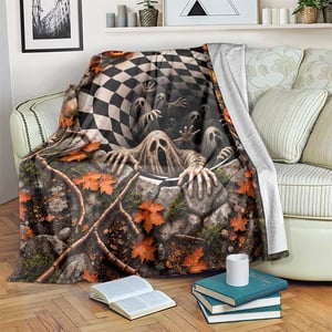 Horror Ghost Crawling Out 3D Halloween Optical Illusion Throw Blanket Gothic Checkerboard Vortex Graphic TS11