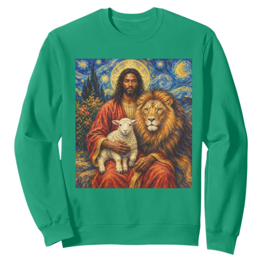 Black Jesus Lion And The Lamb Sweatshirt Starry Night Religious Art TS12