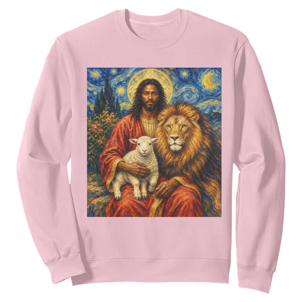 Black Jesus Lion And The Lamb Sweatshirt Starry Night Religious Art TS12