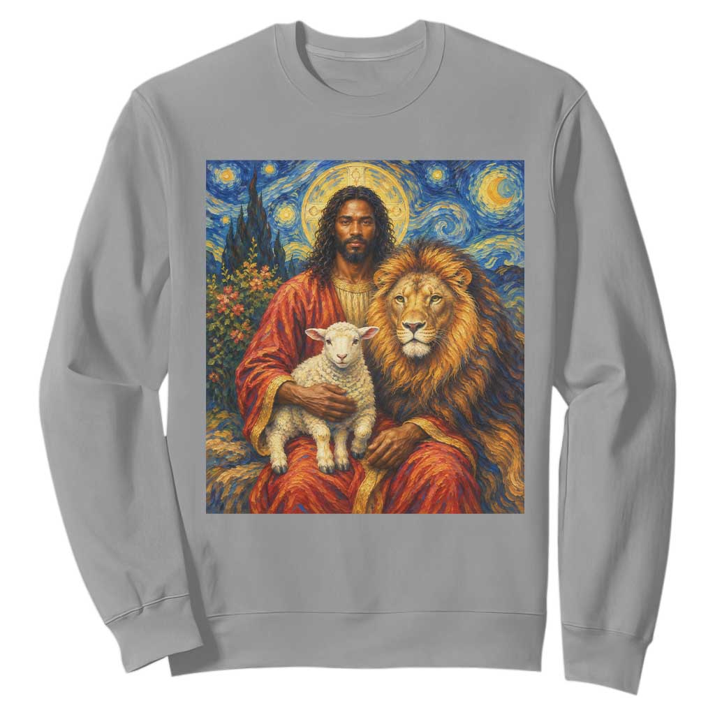 Black Jesus Lion And The Lamb Sweatshirt Starry Night Religious Art TS12
