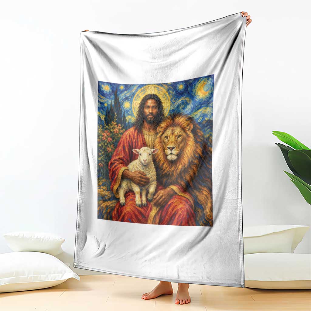 Black Jesus Lion And The Lamb Throw Blanket Starry Night Religious Art TS12