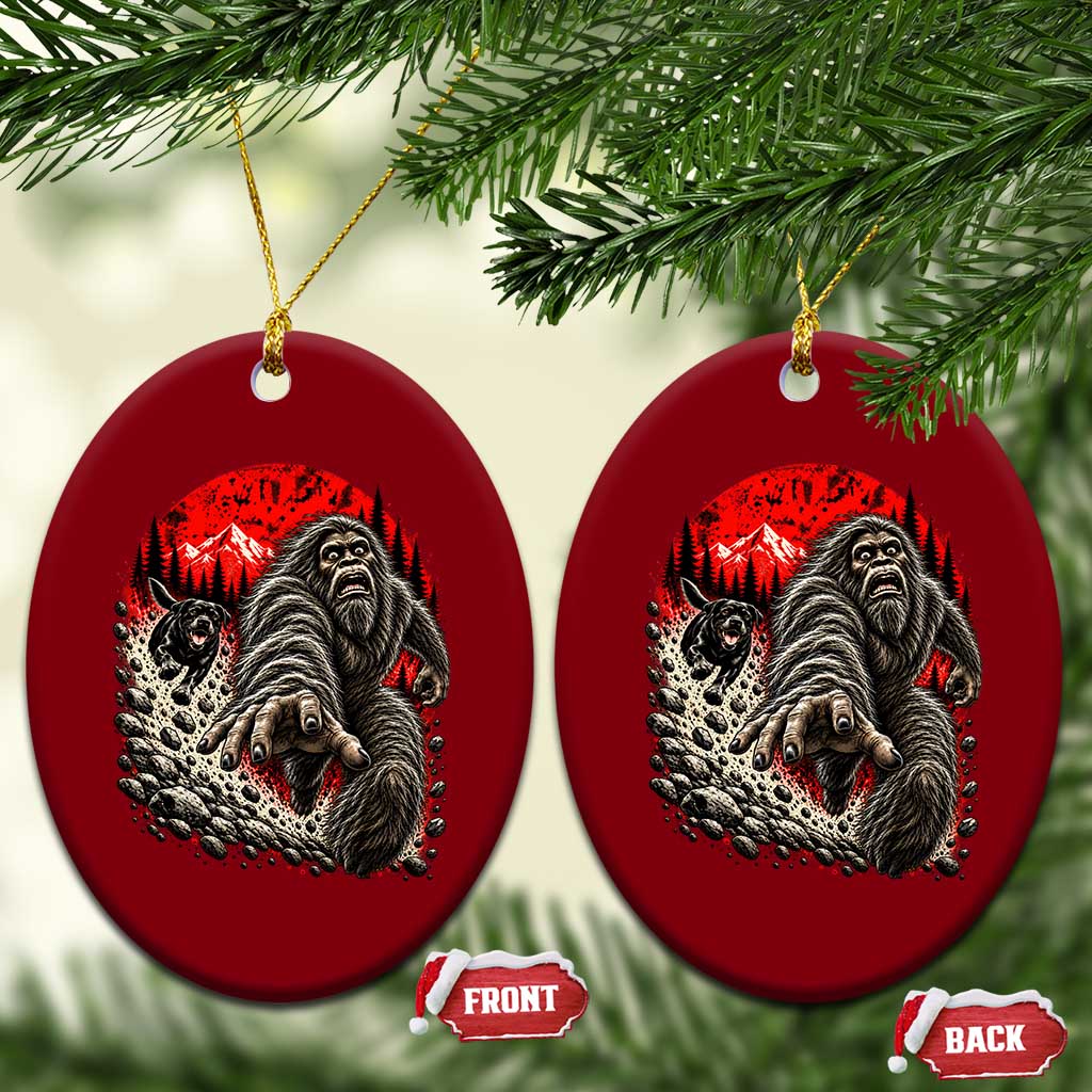 Black Labrador Chasing Bigfoot Ceramic Ornament Funny Running Cryptid Adventure TS12