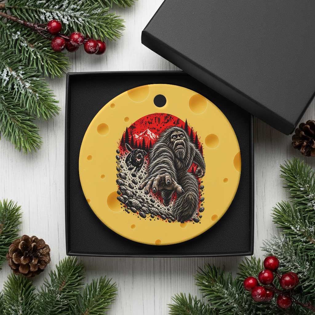 Black Labrador Chasing Bigfoot Ceramic Ornament Funny Running Cryptid Adventure TS12