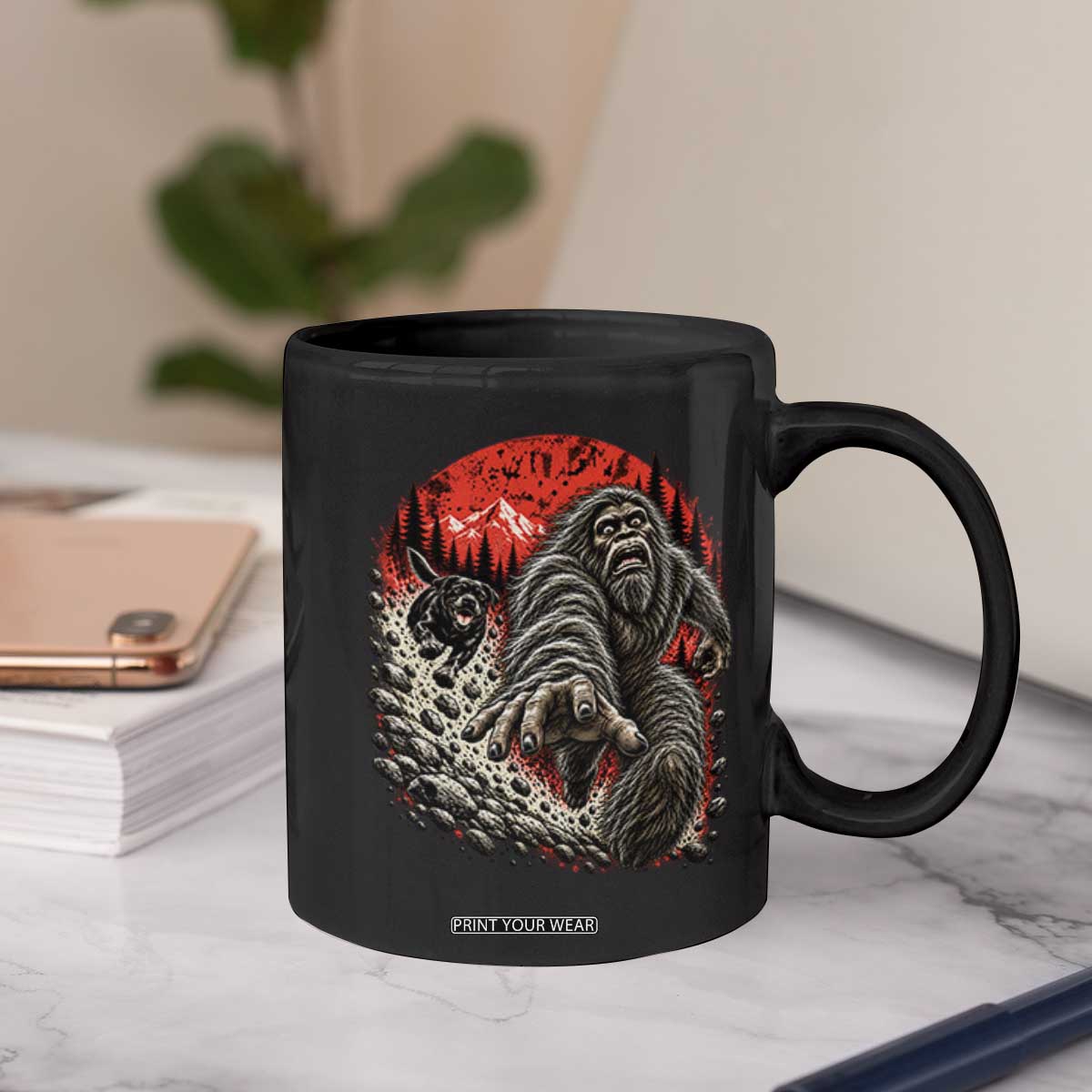 Black Labrador Chasing Bigfoot Coffee Mug Funny Running Cryptid Adventure TS12