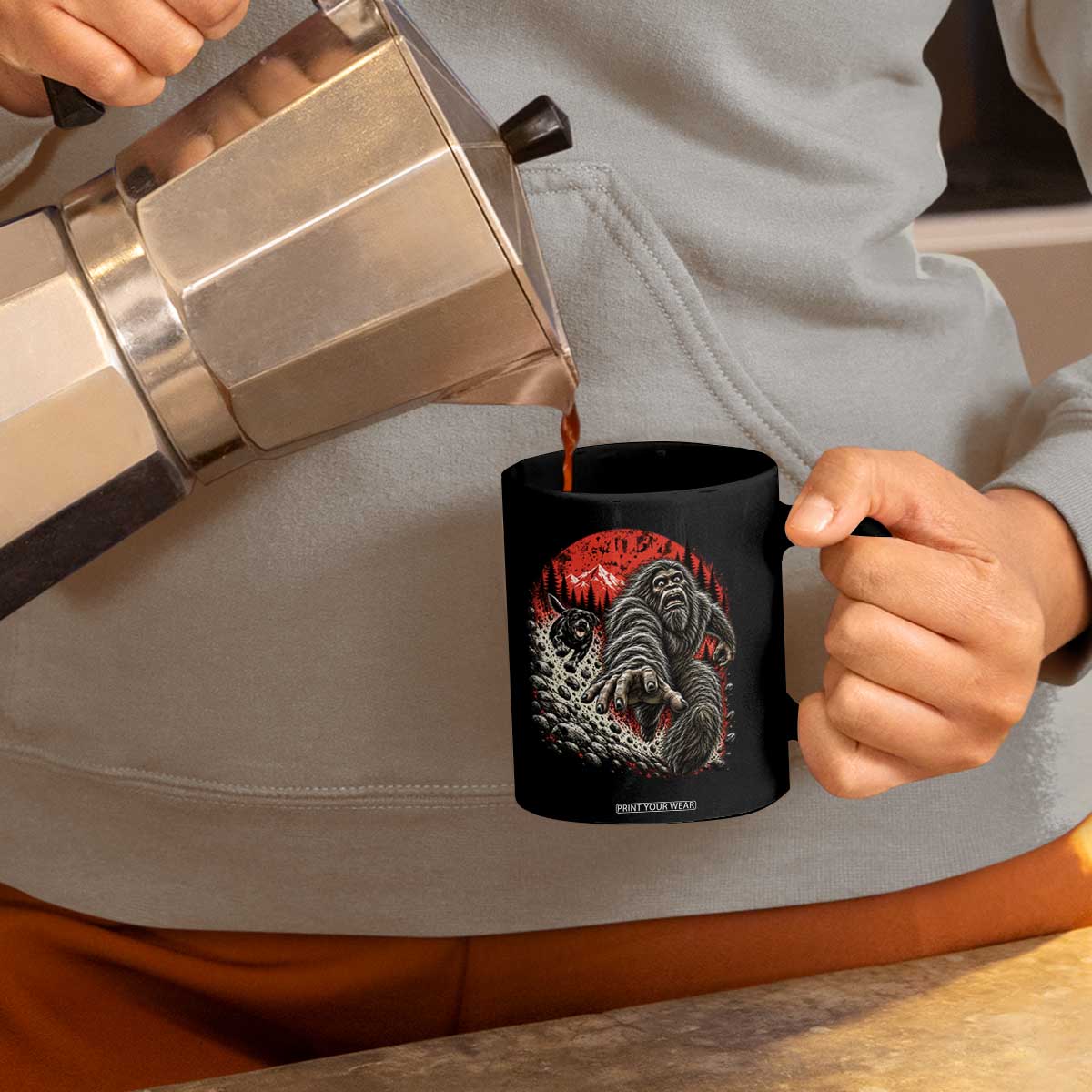 Black Labrador Chasing Bigfoot Coffee Mug Funny Running Cryptid Adventure TS12