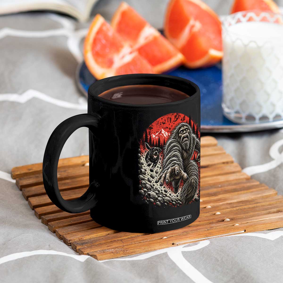 Black Labrador Chasing Bigfoot Coffee Mug Funny Running Cryptid Adventure TS12