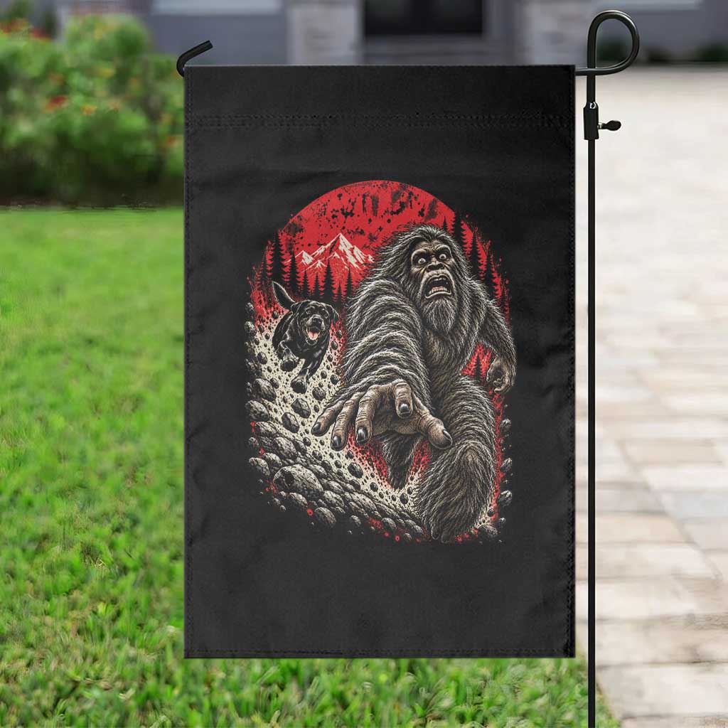 Black Labrador Chasing Bigfoot Garden Flag Funny Running Cryptid Adventure TS12