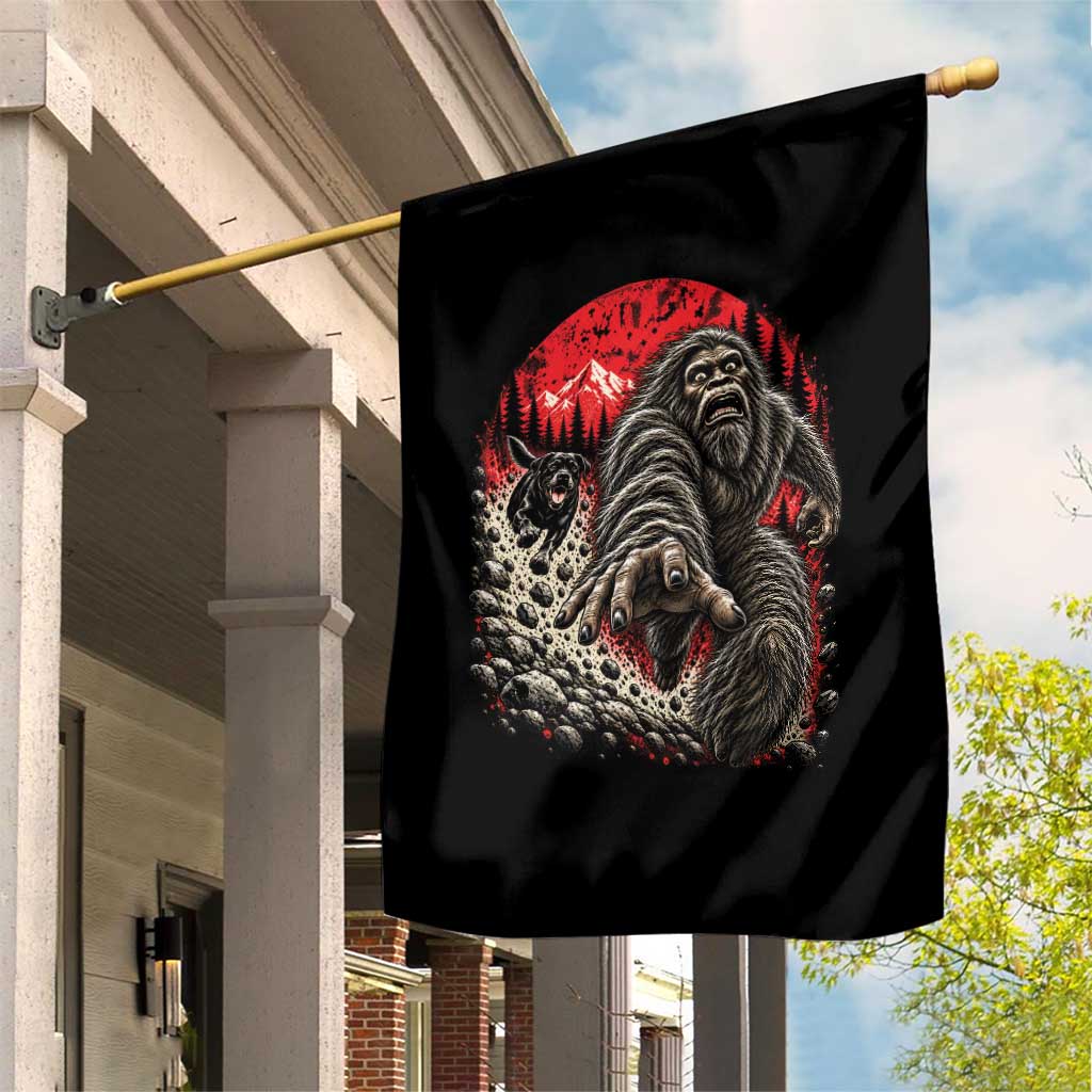 Black Labrador Chasing Bigfoot Garden Flag Funny Running Cryptid Adventure TS12