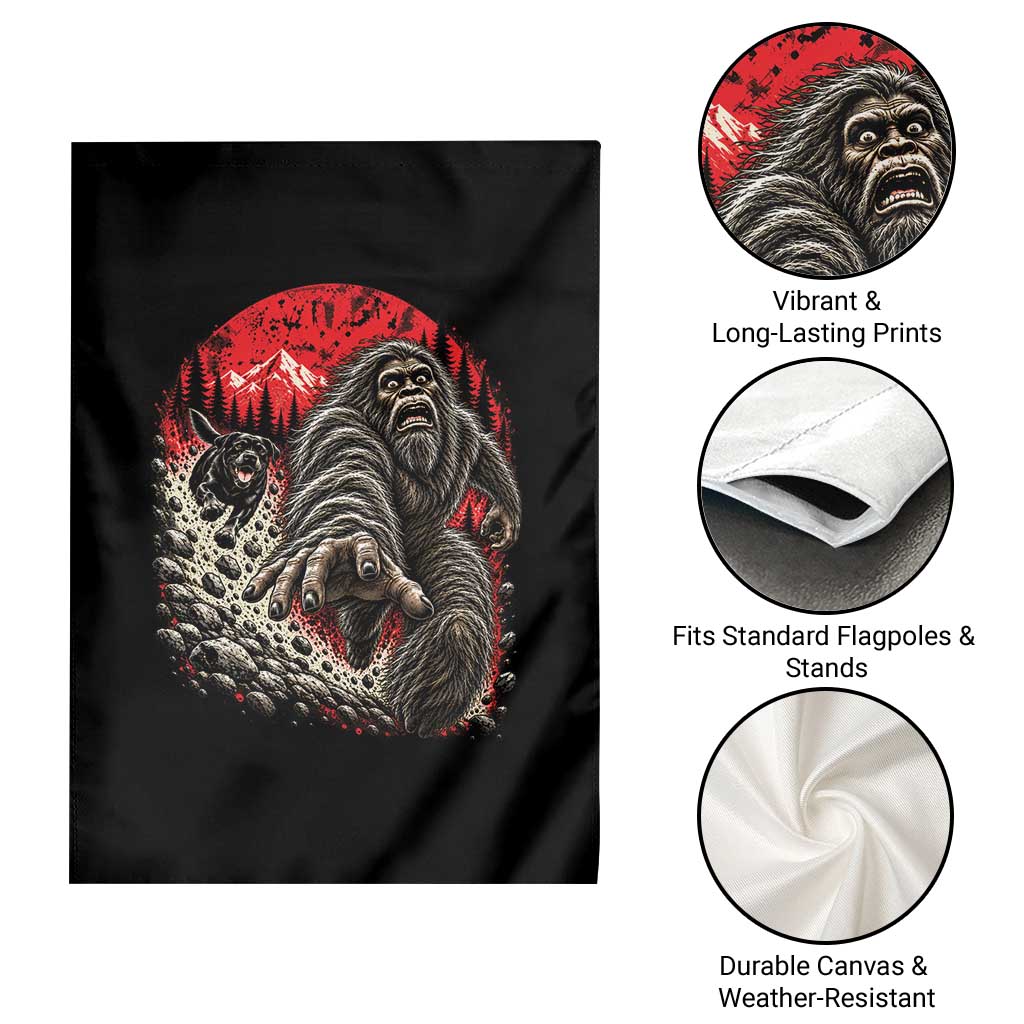 Black Labrador Chasing Bigfoot Garden Flag Funny Running Cryptid Adventure TS12