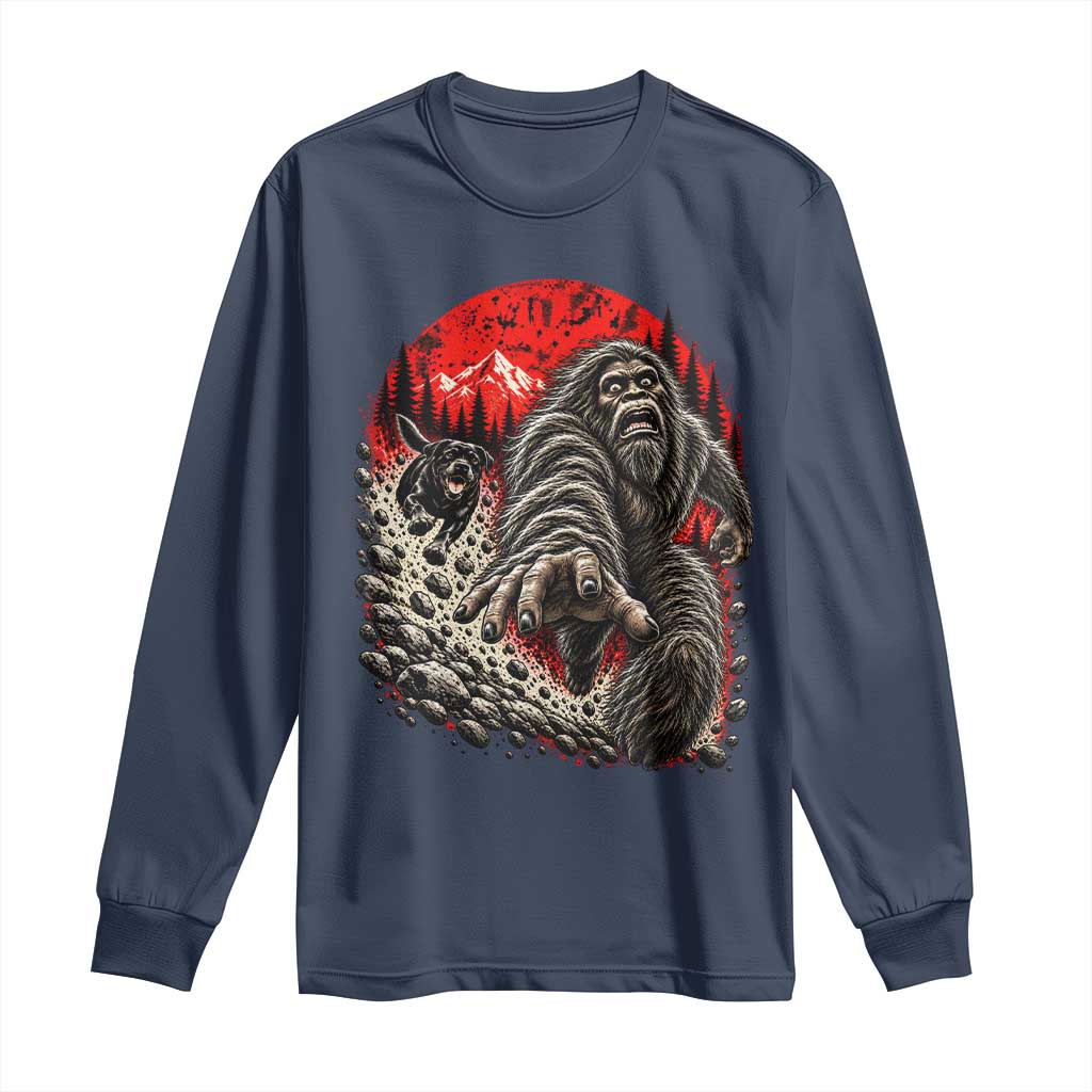 Black Labrador Chasing Bigfoot Long Sleeve Shirt Funny Running Cryptid Adventure TS12