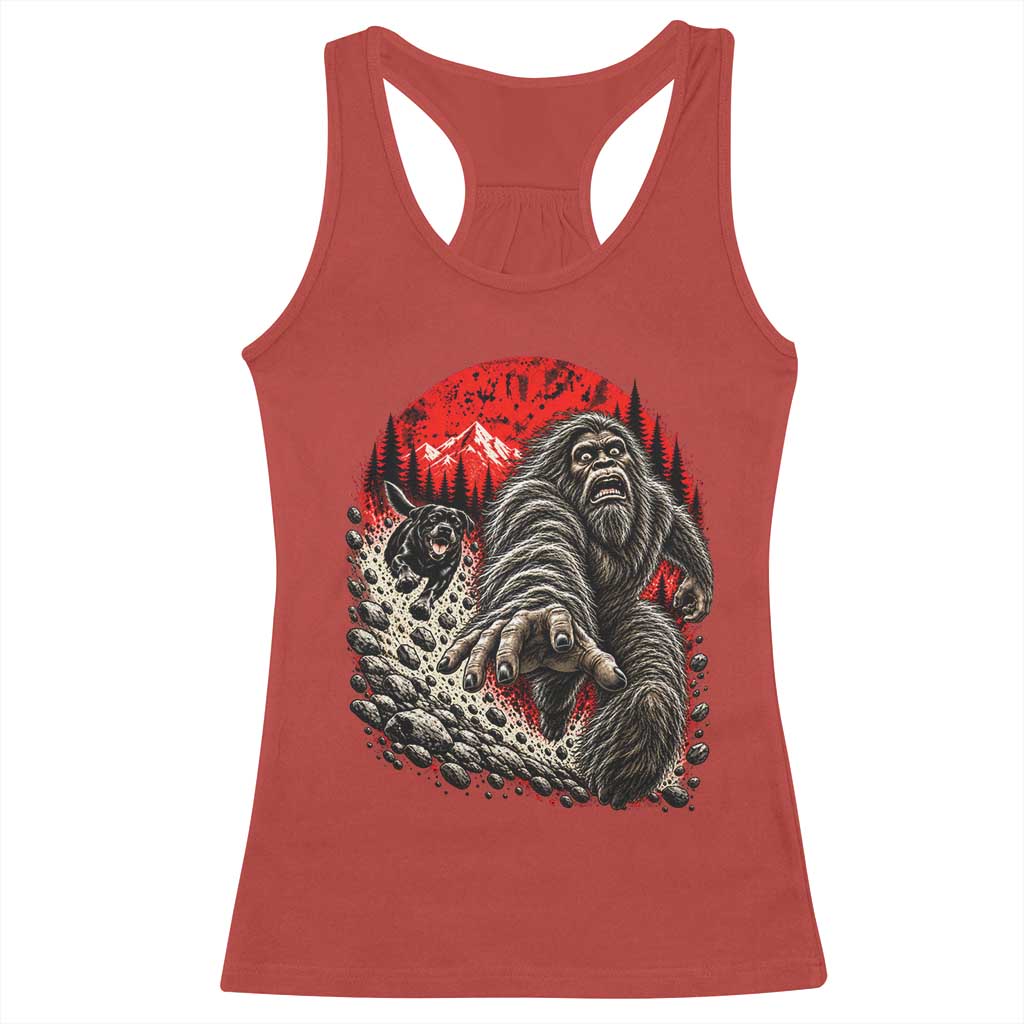 Black Labrador Chasing Bigfoot Racerback Tank Top Funny Running Cryptid Adventure TS12