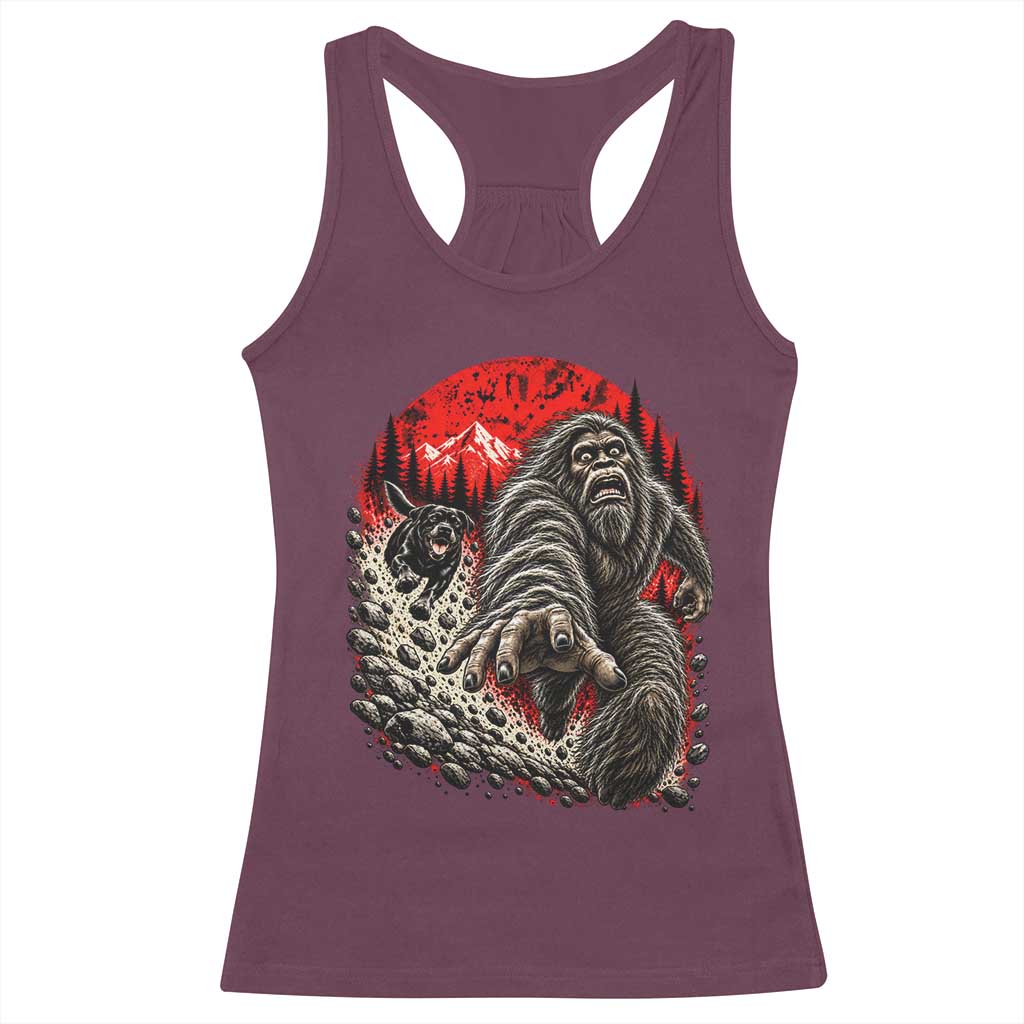 Black Labrador Chasing Bigfoot Racerback Tank Top Funny Running Cryptid Adventure TS12