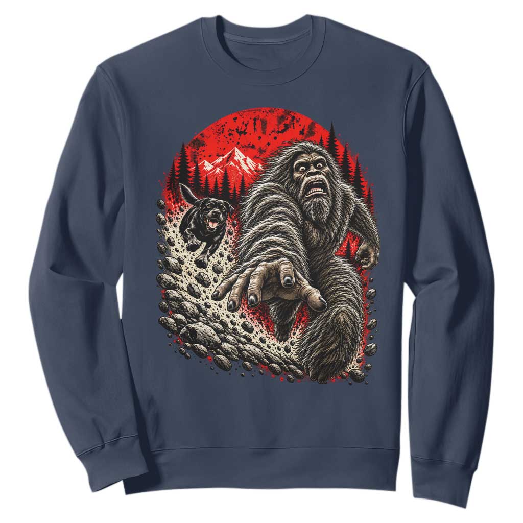 Black Labrador Chasing Bigfoot Sweatshirt Funny Running Cryptid Adventure TS12