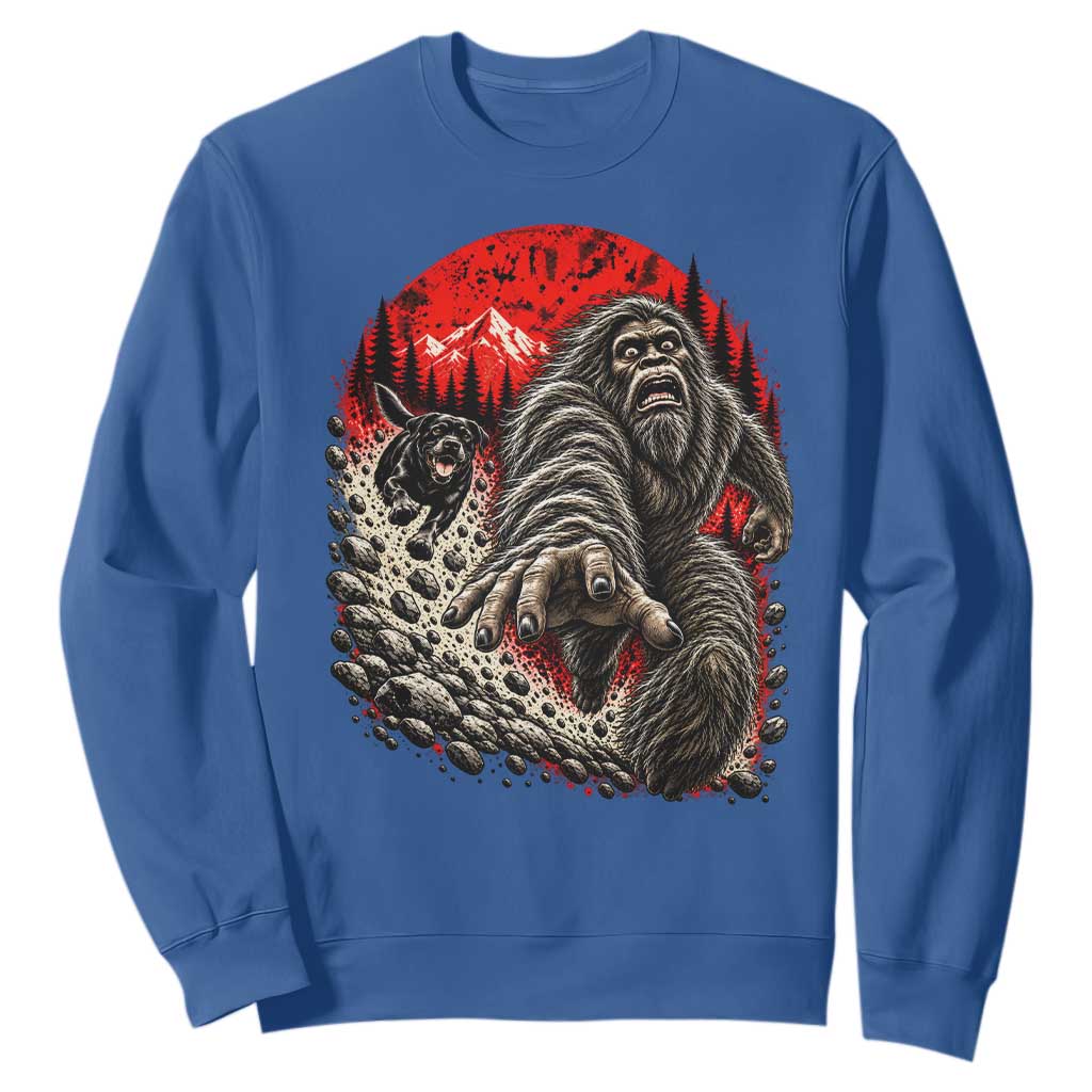 Black Labrador Chasing Bigfoot Sweatshirt Funny Running Cryptid Adventure TS12