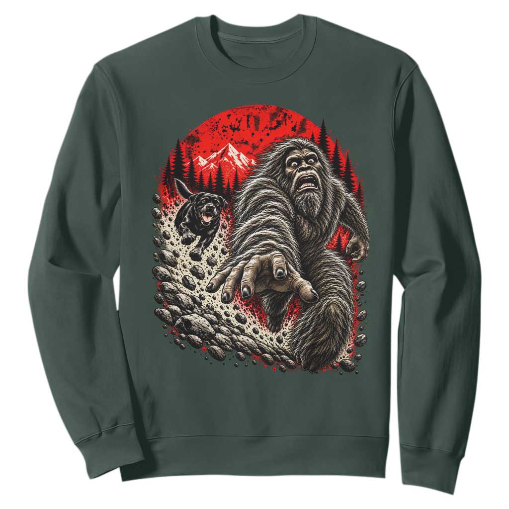 Black Labrador Chasing Bigfoot Sweatshirt Funny Running Cryptid Adventure TS12