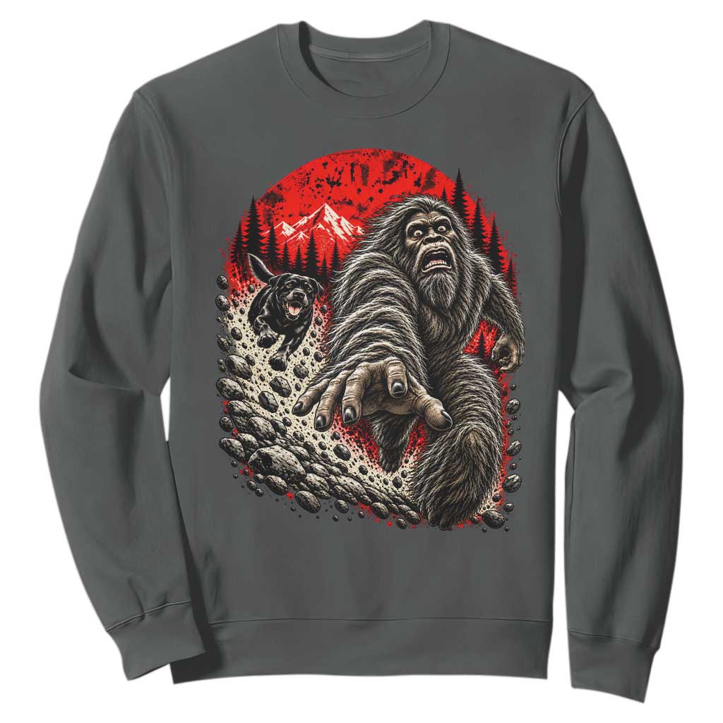 Black Labrador Chasing Bigfoot Sweatshirt Funny Running Cryptid Adventure TS12