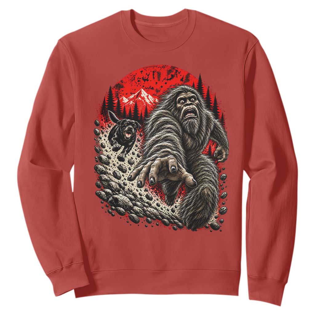 Black Labrador Chasing Bigfoot Sweatshirt Funny Running Cryptid Adventure TS12