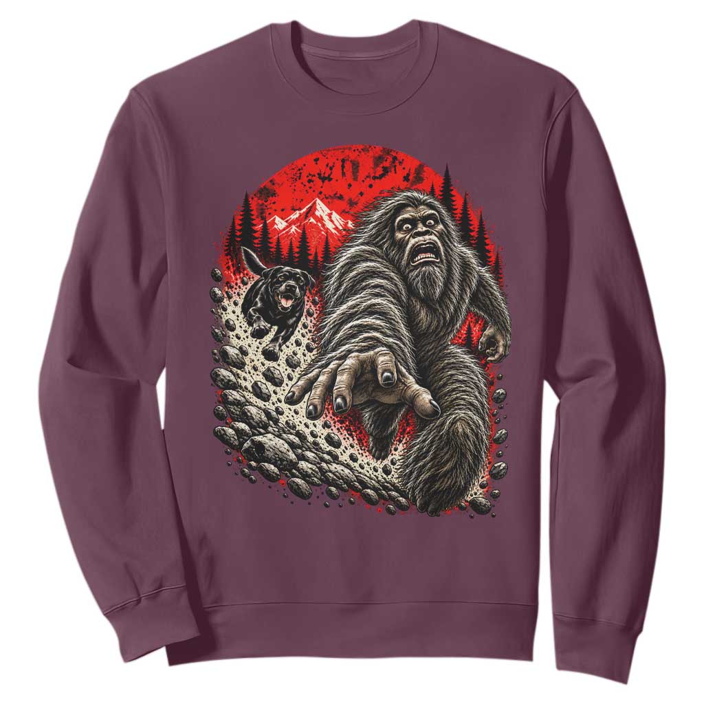 Black Labrador Chasing Bigfoot Sweatshirt Funny Running Cryptid Adventure TS12
