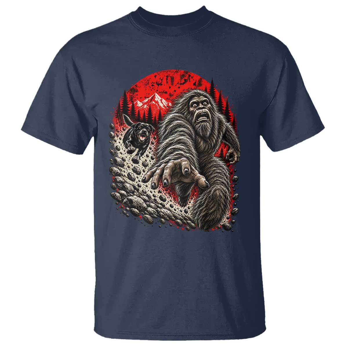 Black Labrador Chasing Bigfoot T Shirt Funny Running Cryptid Adventure TS12