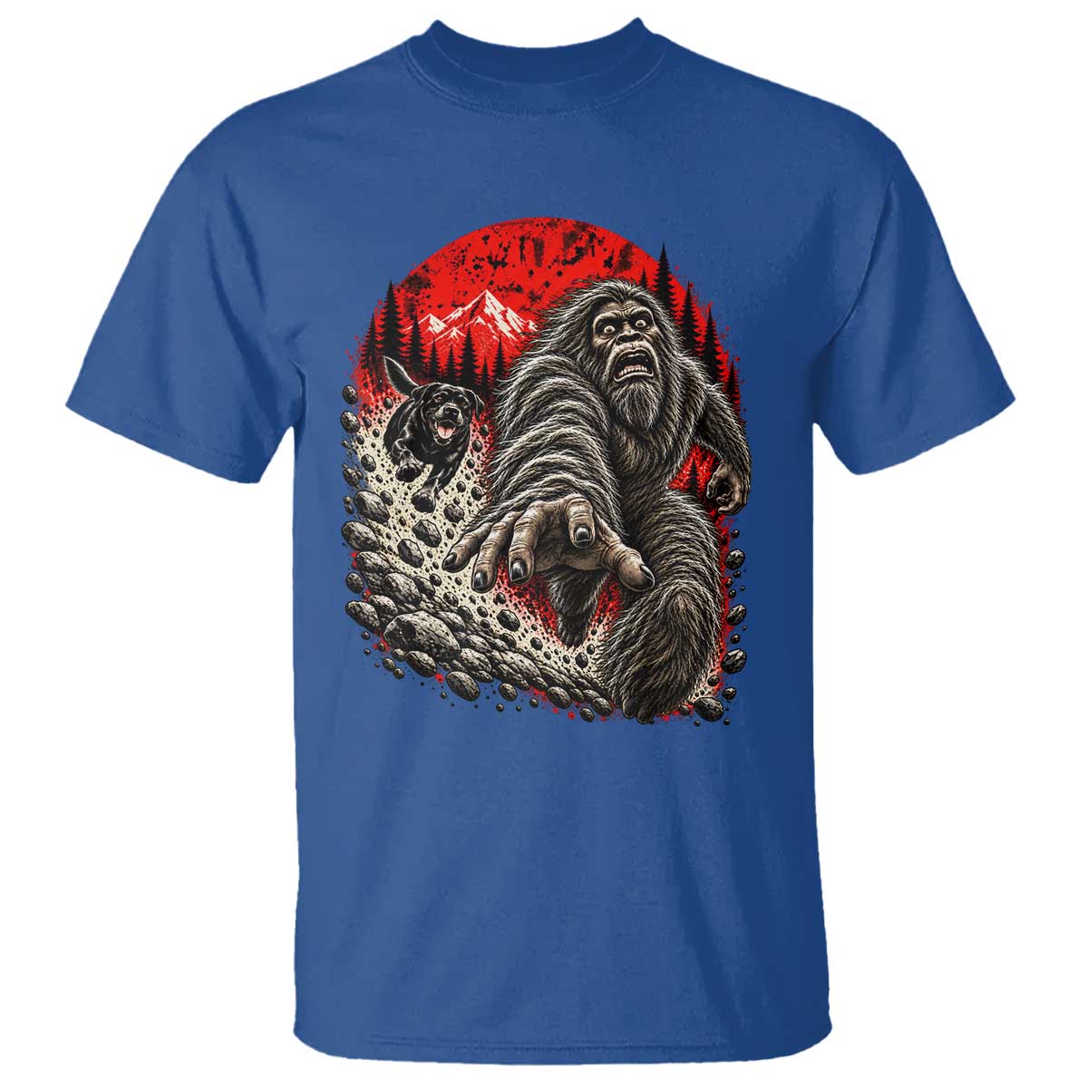 Black Labrador Chasing Bigfoot T Shirt Funny Running Cryptid Adventure TS12