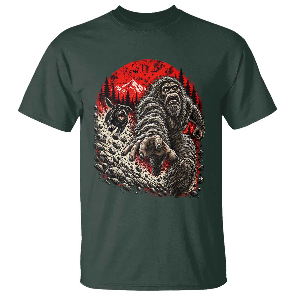 Black Labrador Chasing Bigfoot T Shirt Funny Running Cryptid Adventure TS12