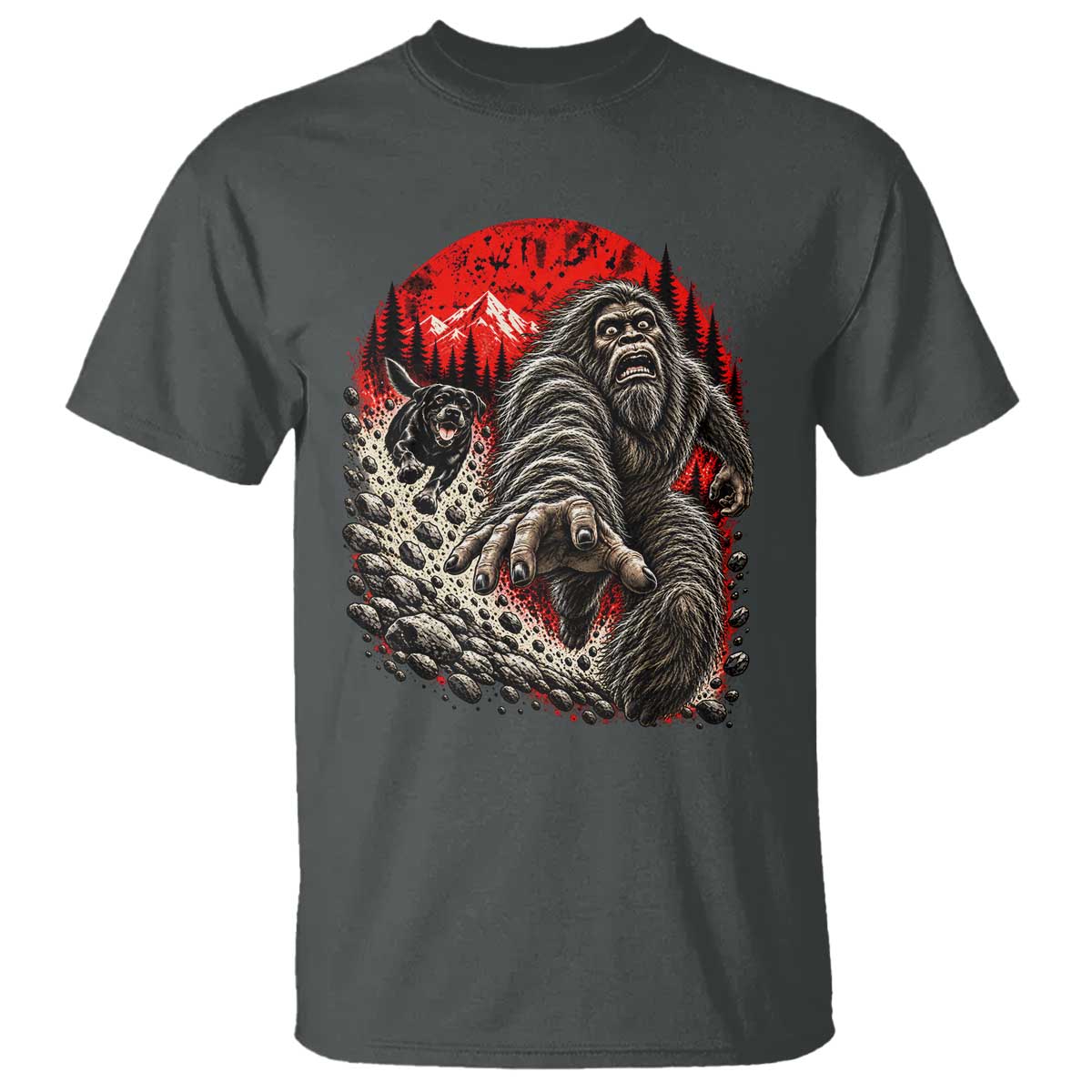 Black Labrador Chasing Bigfoot T Shirt Funny Running Cryptid Adventure TS12