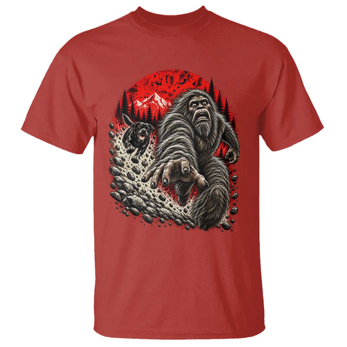 Black Labrador Chasing Bigfoot T Shirt Funny Running Cryptid Adventure TS12