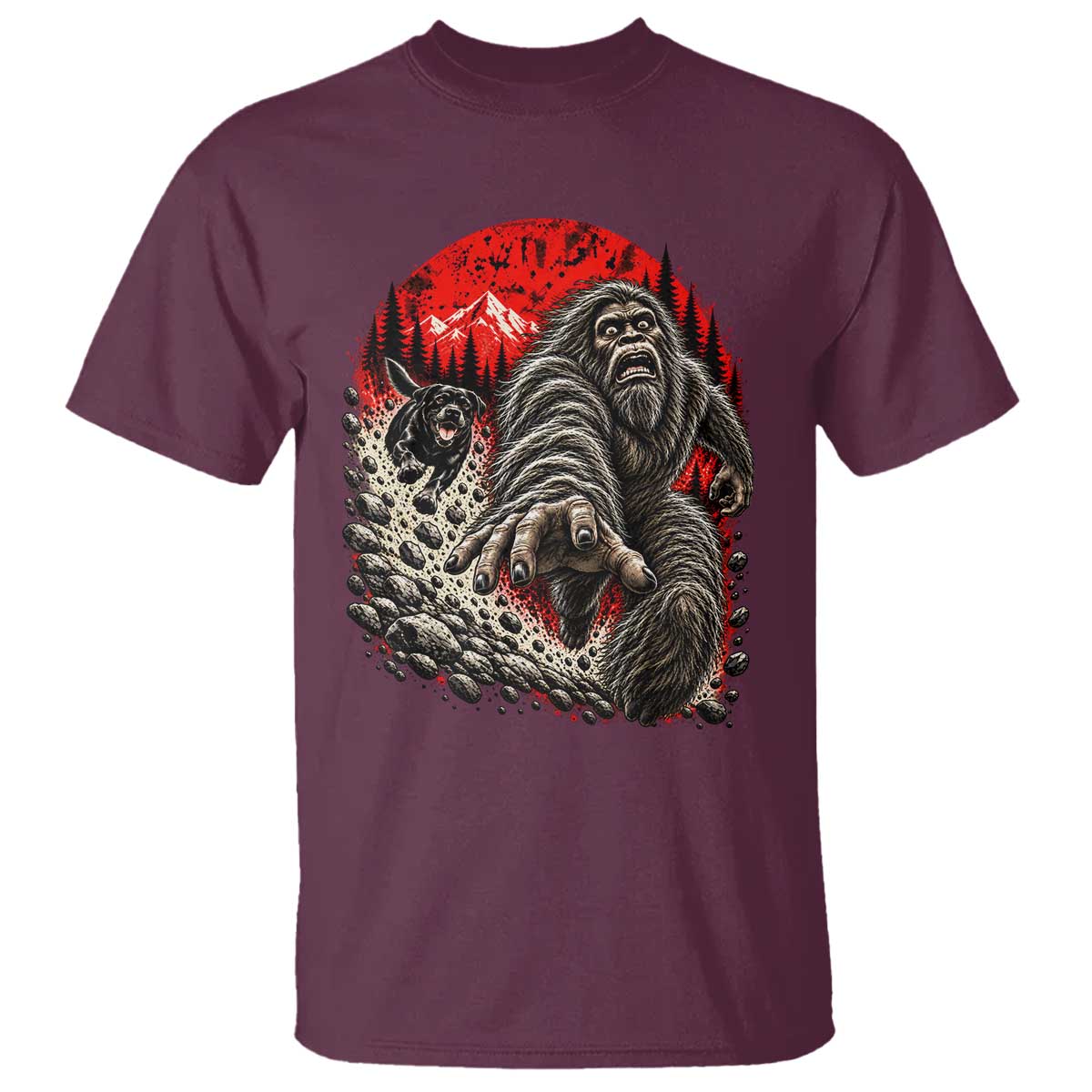 Black Labrador Chasing Bigfoot T Shirt Funny Running Cryptid Adventure TS12