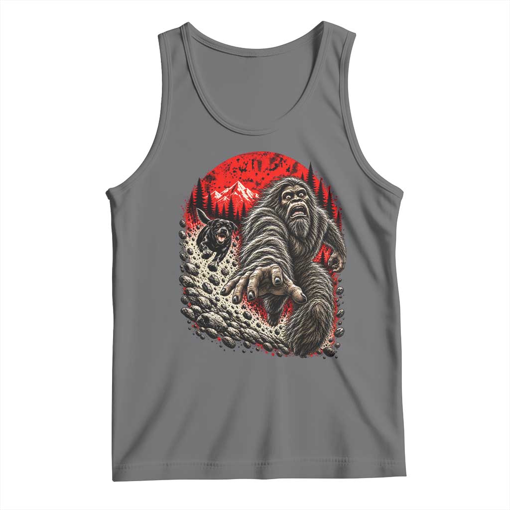 Black Labrador Chasing Bigfoot Tank Top Funny Running Cryptid Adventure TS12