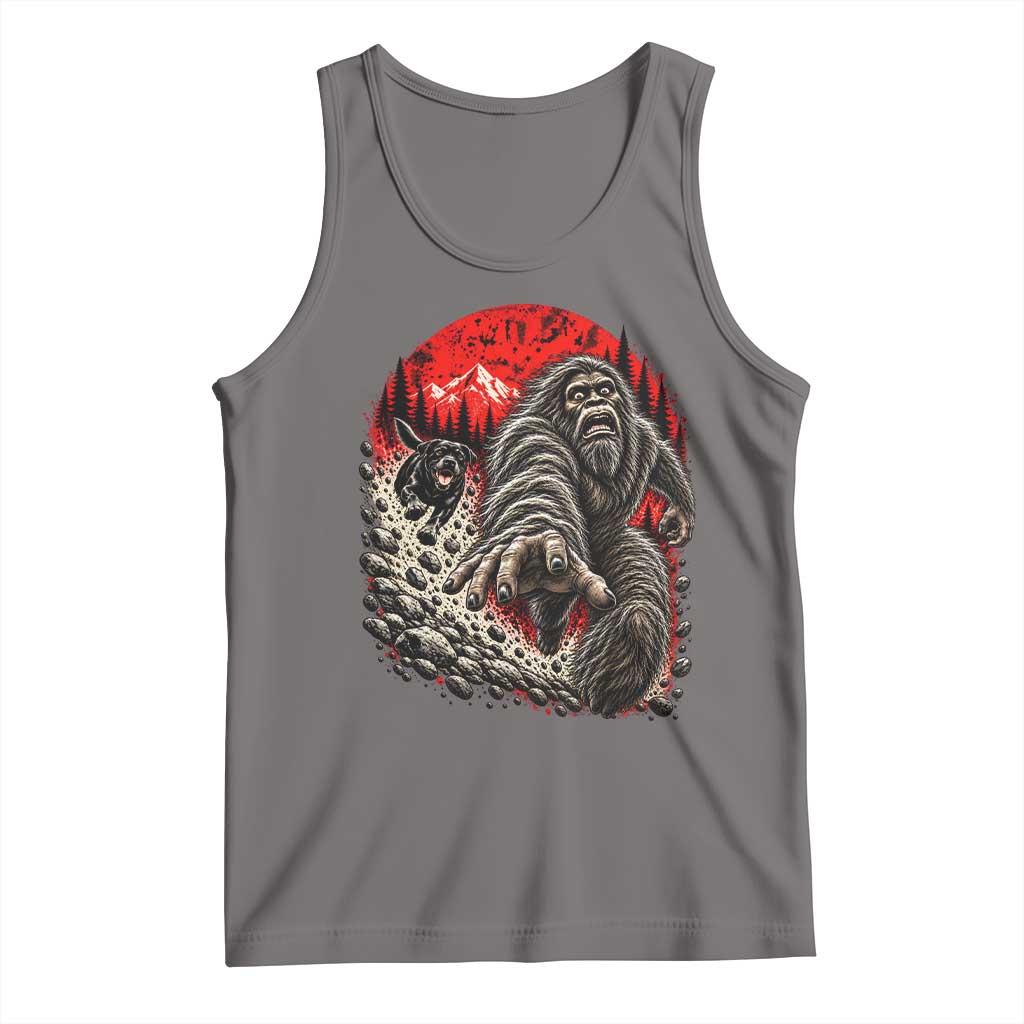 Black Labrador Chasing Bigfoot Tank Top Funny Running Cryptid Adventure TS12
