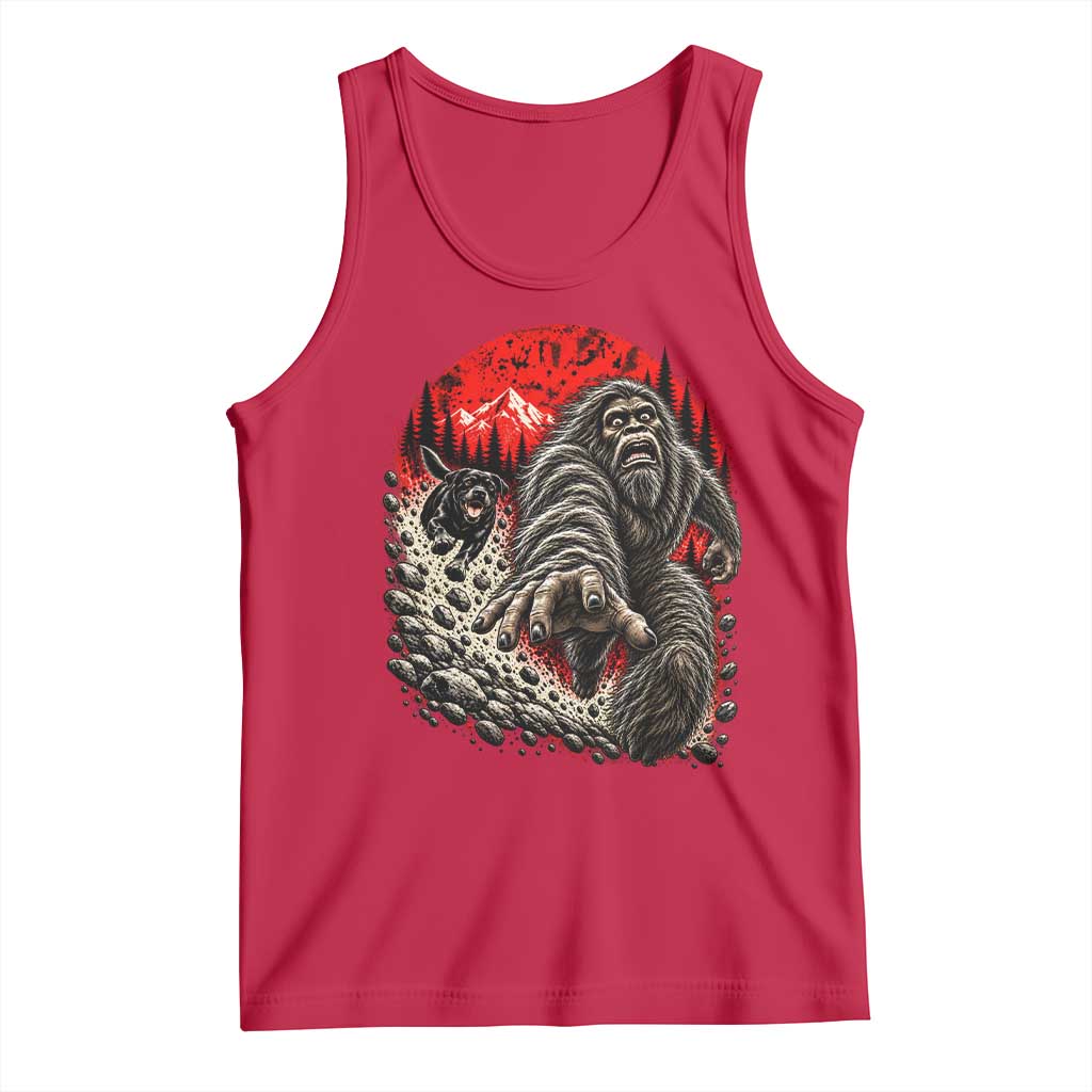 Black Labrador Chasing Bigfoot Tank Top Funny Running Cryptid Adventure TS12