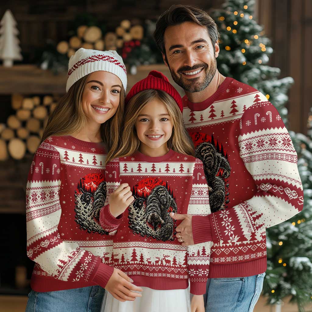 Black Labrador Chasing Bigfoot Ugly Christmas Sweater Funny Running Cryptid Adventure TS12