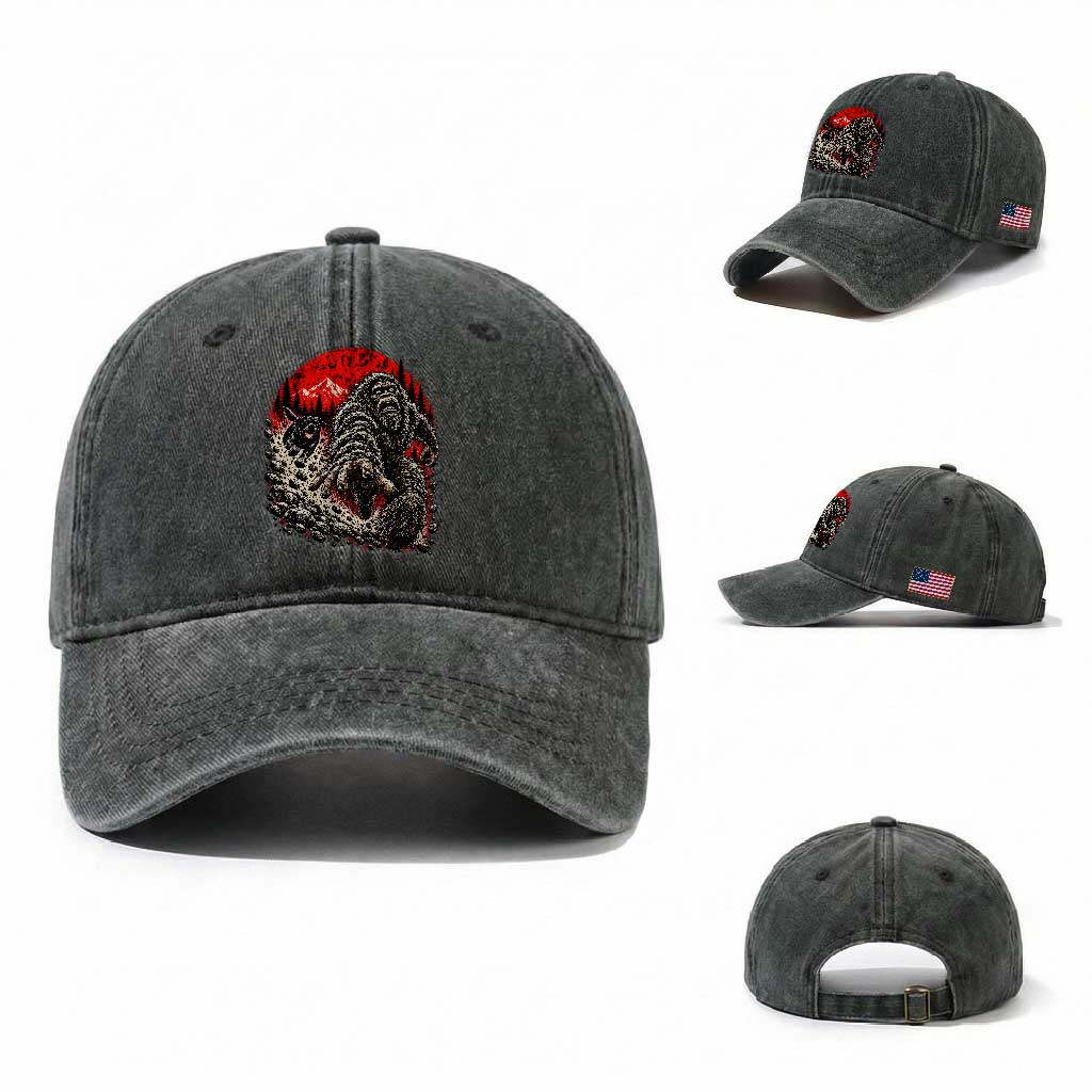 Black Labrador Chasing Bigfoot Washed Cotton Baseball Cap Funny Running Cryptid Adventure TS12