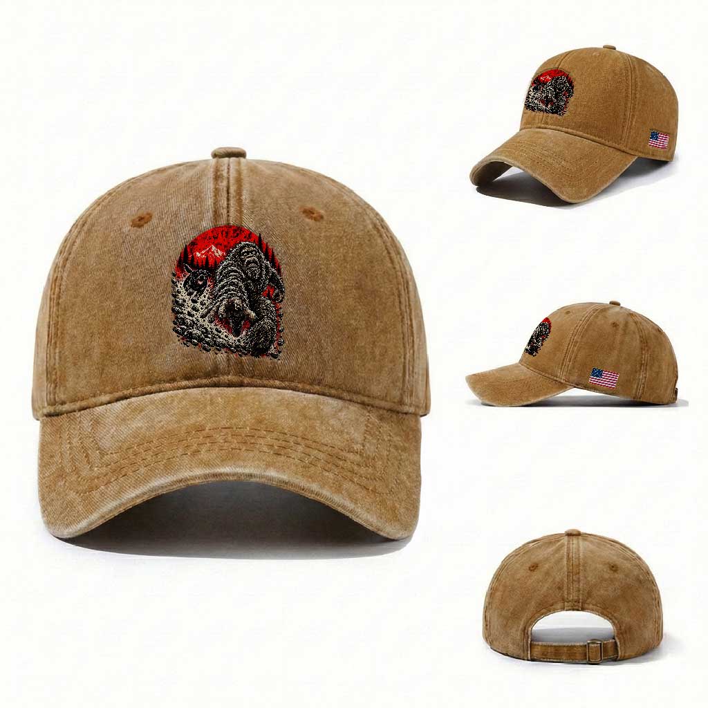 Black Labrador Chasing Bigfoot Washed Cotton Baseball Cap Funny Running Cryptid Adventure TS12