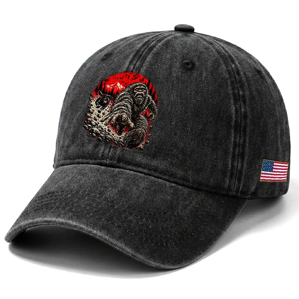 Black Labrador Chasing Bigfoot Washed Cotton Baseball Cap Funny Running Cryptid Adventure TS12