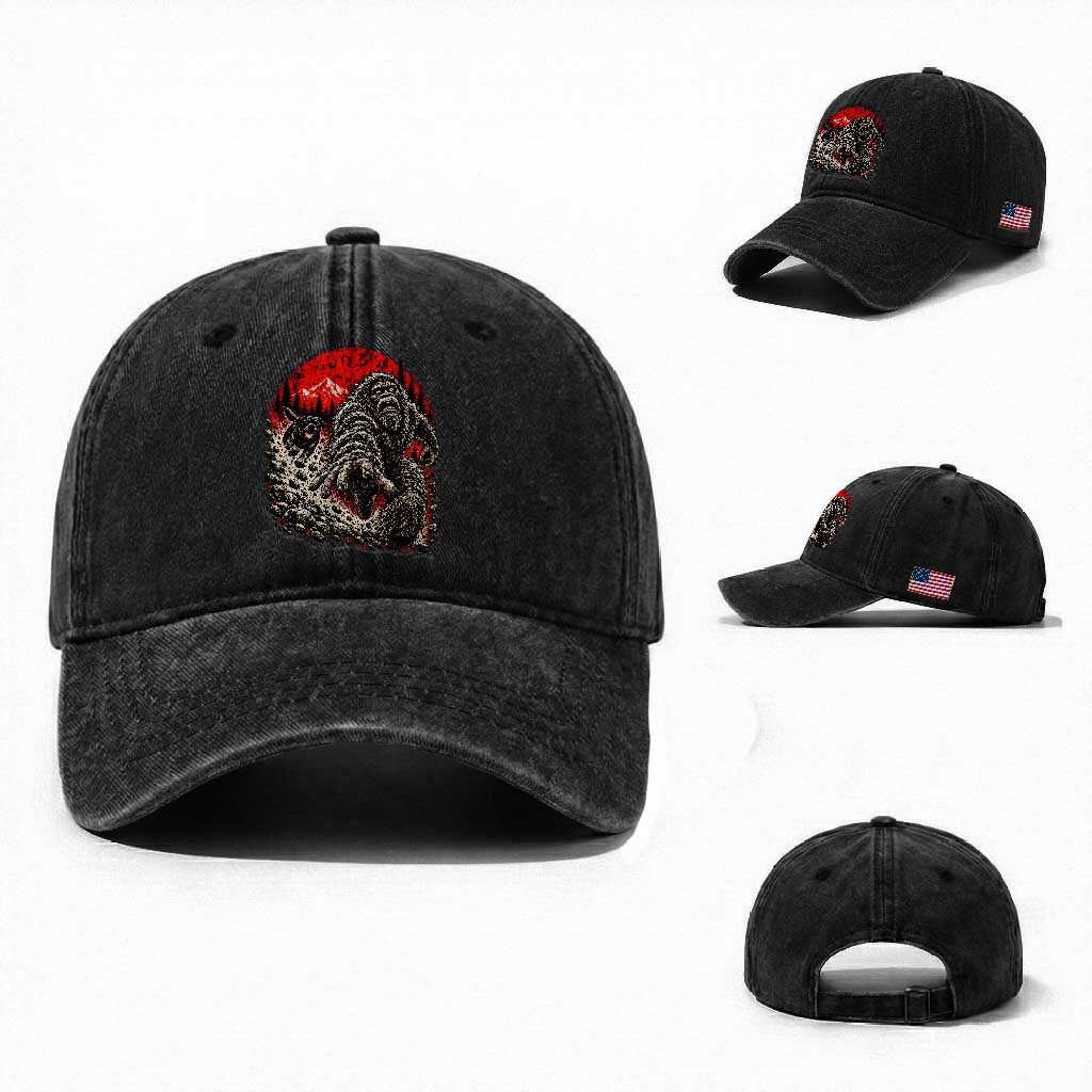 Black Labrador Chasing Bigfoot Washed Cotton Baseball Cap Funny Running Cryptid Adventure TS12