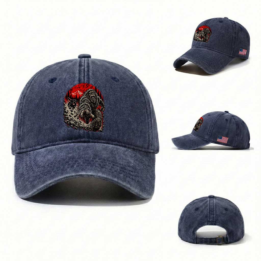 Black Labrador Chasing Bigfoot Washed Cotton Baseball Cap Funny Running Cryptid Adventure TS12