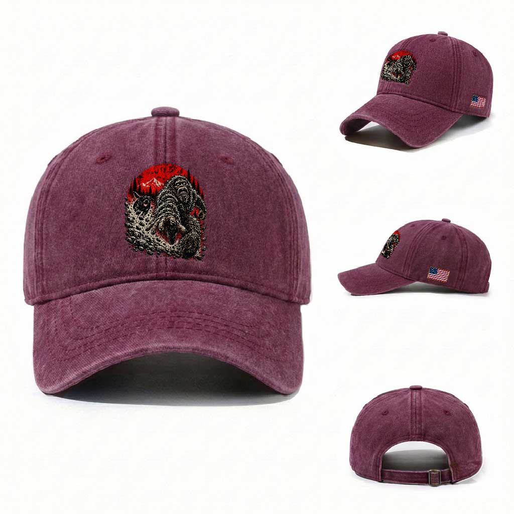 Black Labrador Chasing Bigfoot Washed Cotton Baseball Cap Funny Running Cryptid Adventure TS12