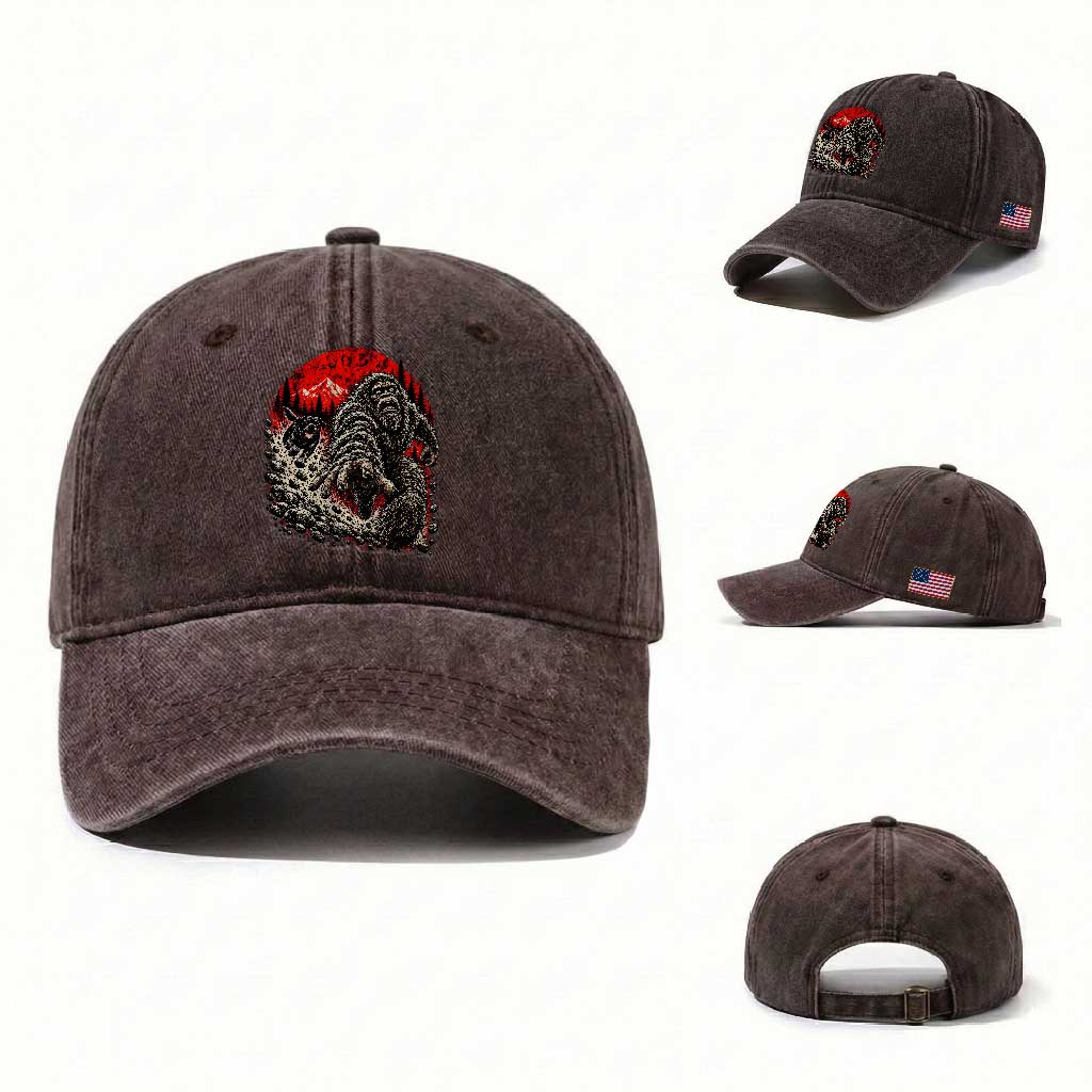 Black Labrador Chasing Bigfoot Washed Cotton Baseball Cap Funny Running Cryptid Adventure TS12