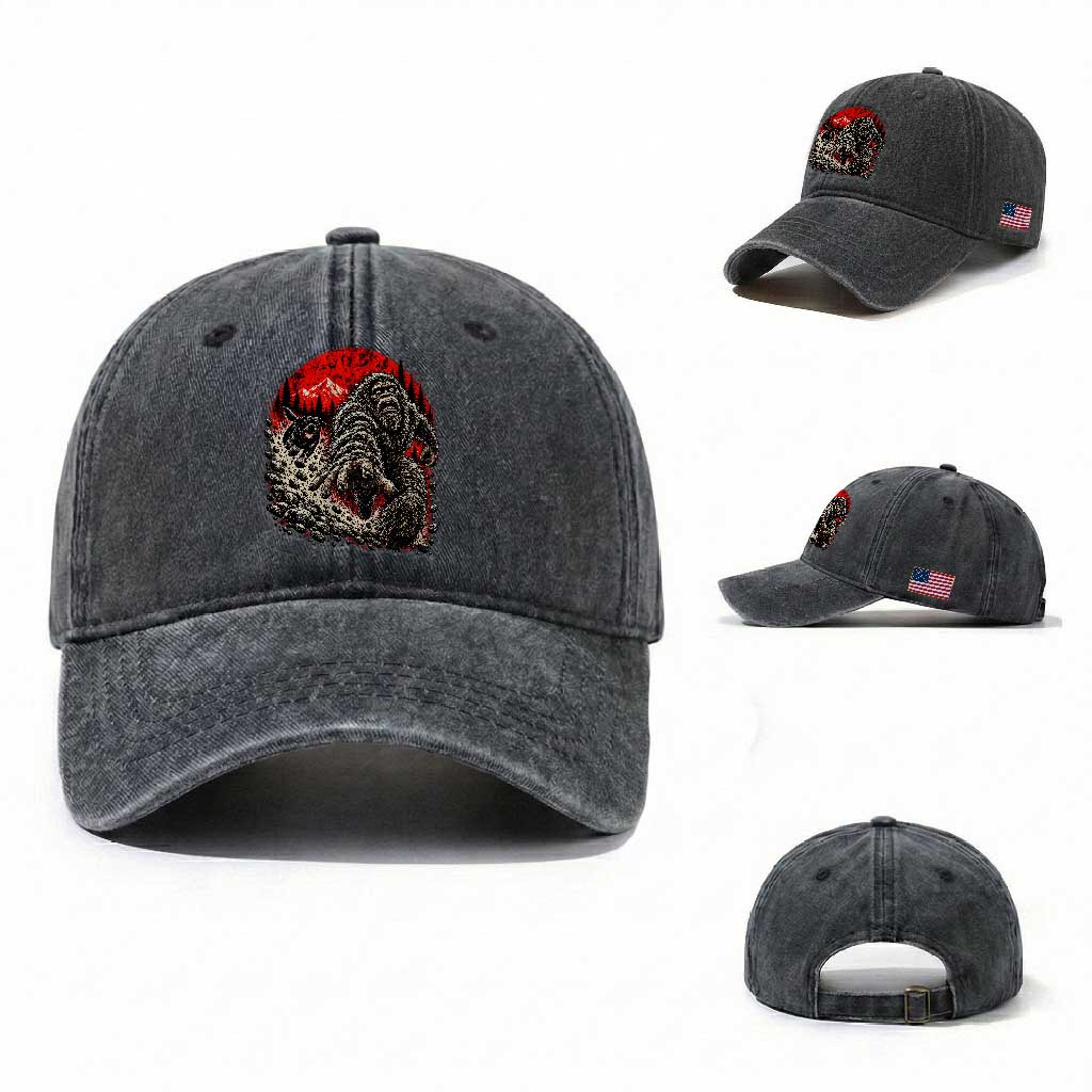 Black Labrador Chasing Bigfoot Washed Cotton Baseball Cap Funny Running Cryptid Adventure TS12