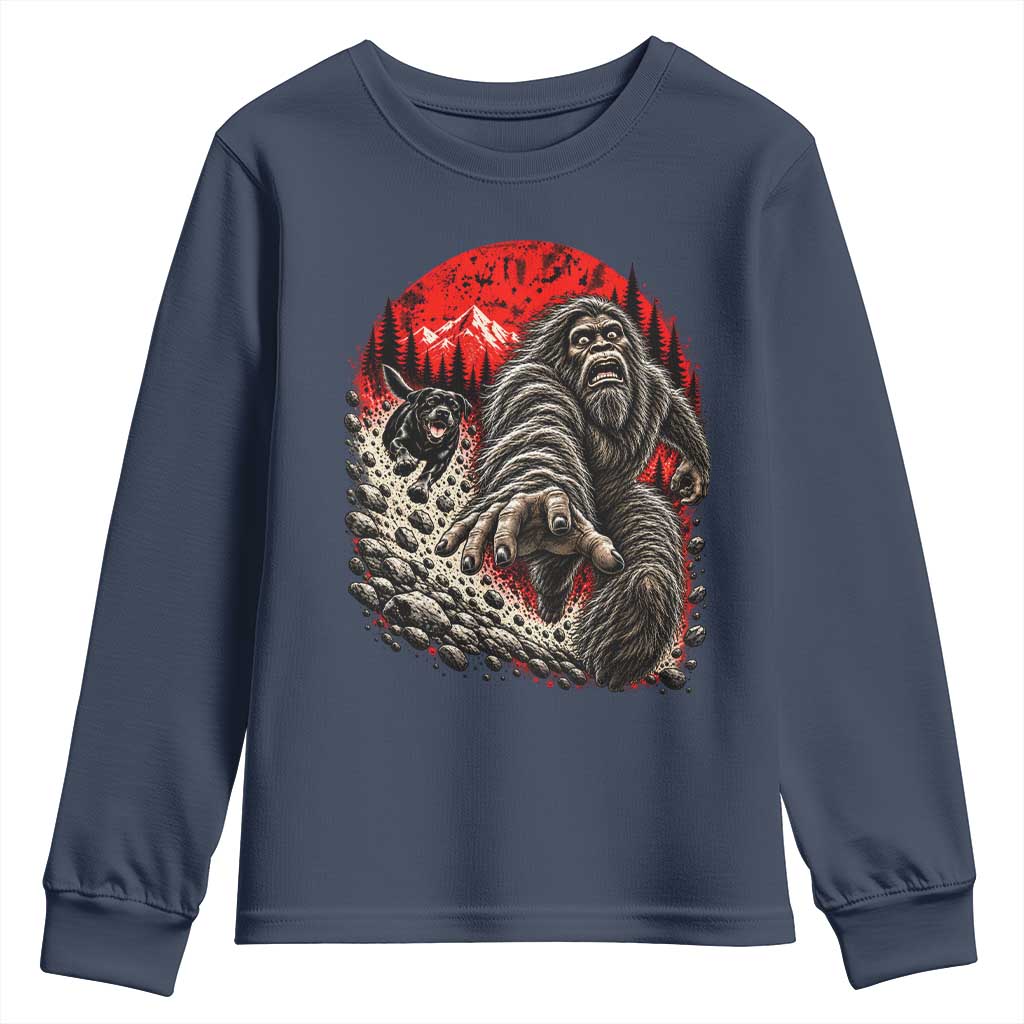 Black Labrador Chasing Bigfoot Youth Sweatshirt Funny Running Cryptid Adventure TS12
