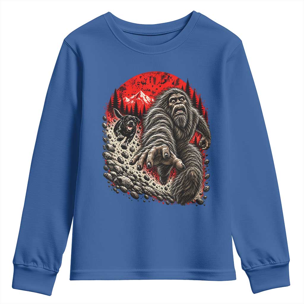 Black Labrador Chasing Bigfoot Youth Sweatshirt Funny Running Cryptid Adventure TS12