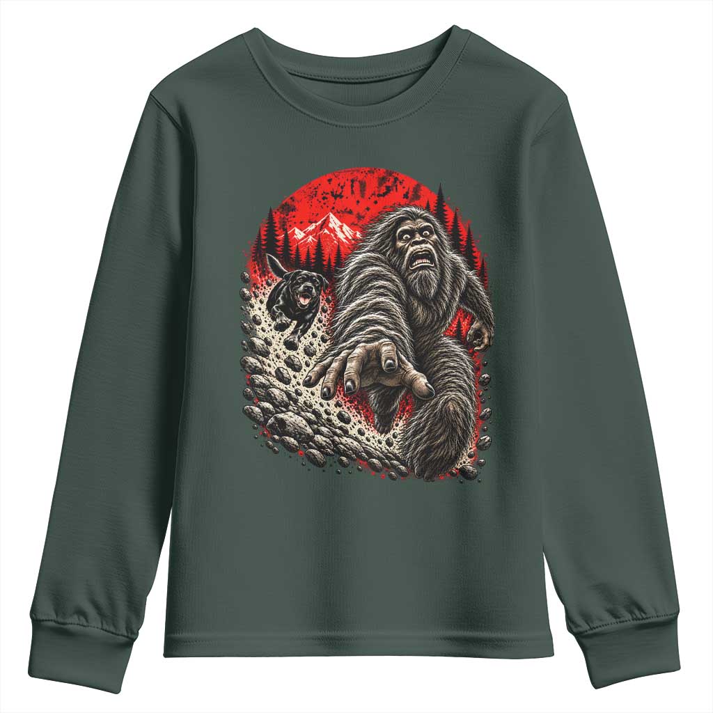 Black Labrador Chasing Bigfoot Youth Sweatshirt Funny Running Cryptid Adventure TS12