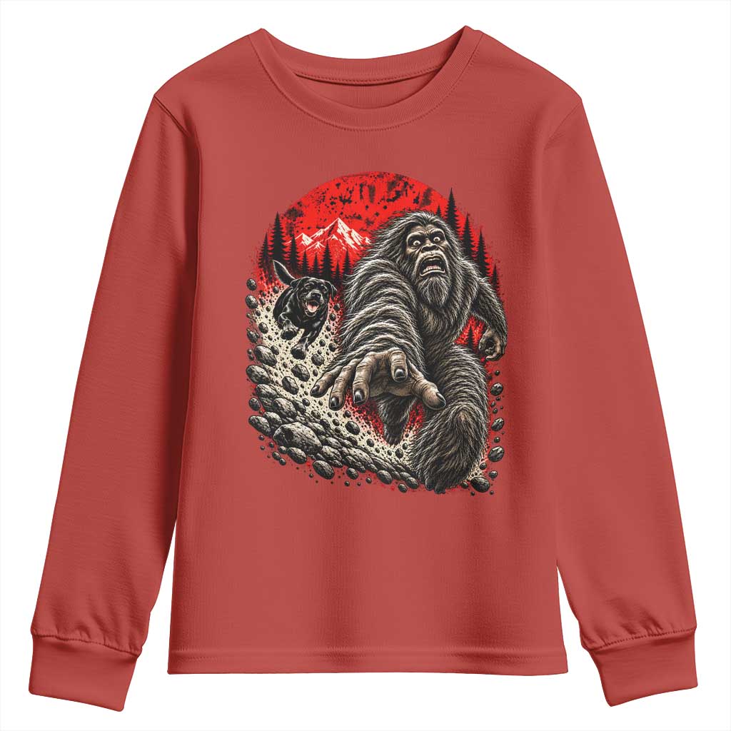 Black Labrador Chasing Bigfoot Youth Sweatshirt Funny Running Cryptid Adventure TS12