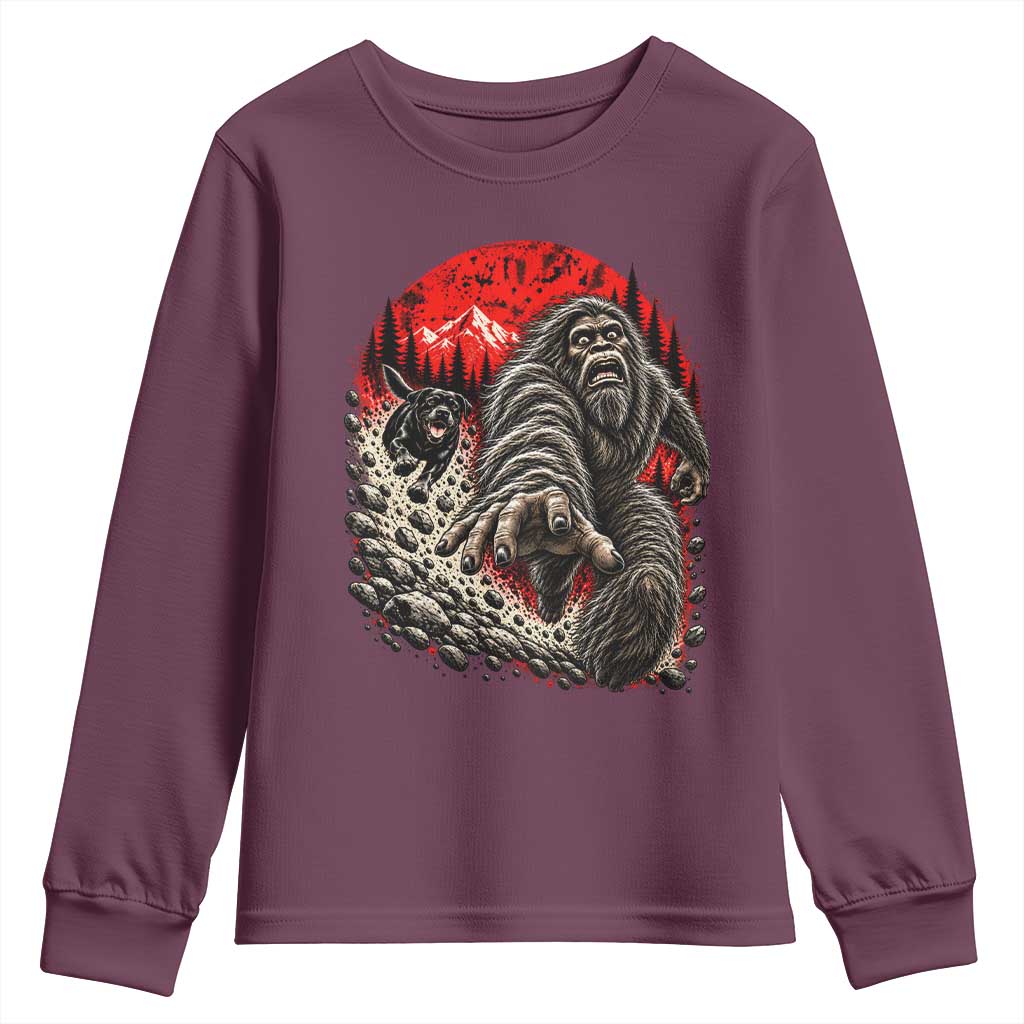 Black Labrador Chasing Bigfoot Youth Sweatshirt Funny Running Cryptid Adventure TS12