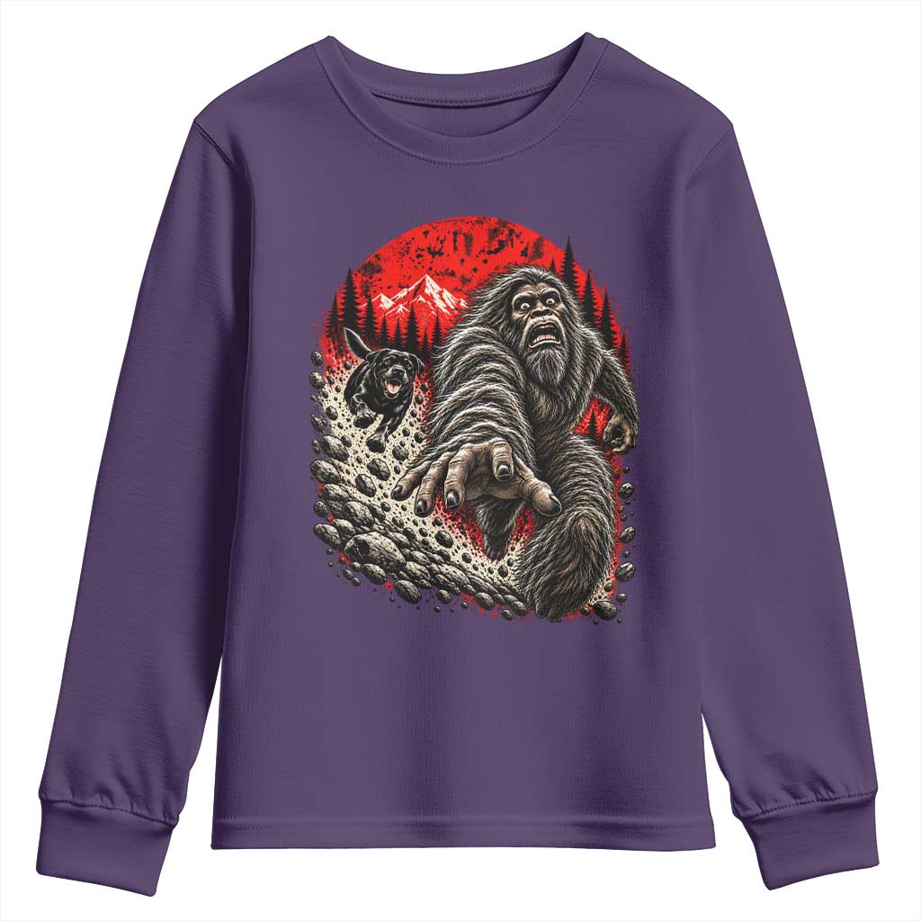 Black Labrador Chasing Bigfoot Youth Sweatshirt Funny Running Cryptid Adventure TS12