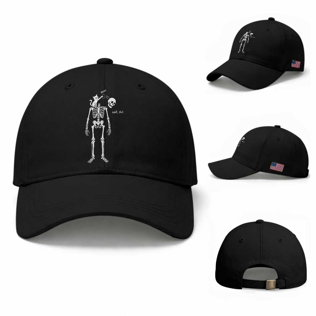 Boop Well Shit Funny Cat Knocking Skeleton Head Humor Graphic Baseball Cap TS02