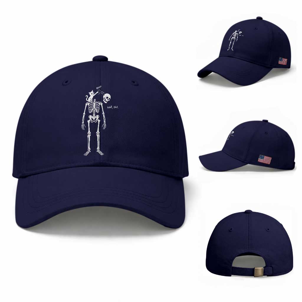 Boop Well Shit Funny Cat Knocking Skeleton Head Humor Graphic Baseball Cap TS02