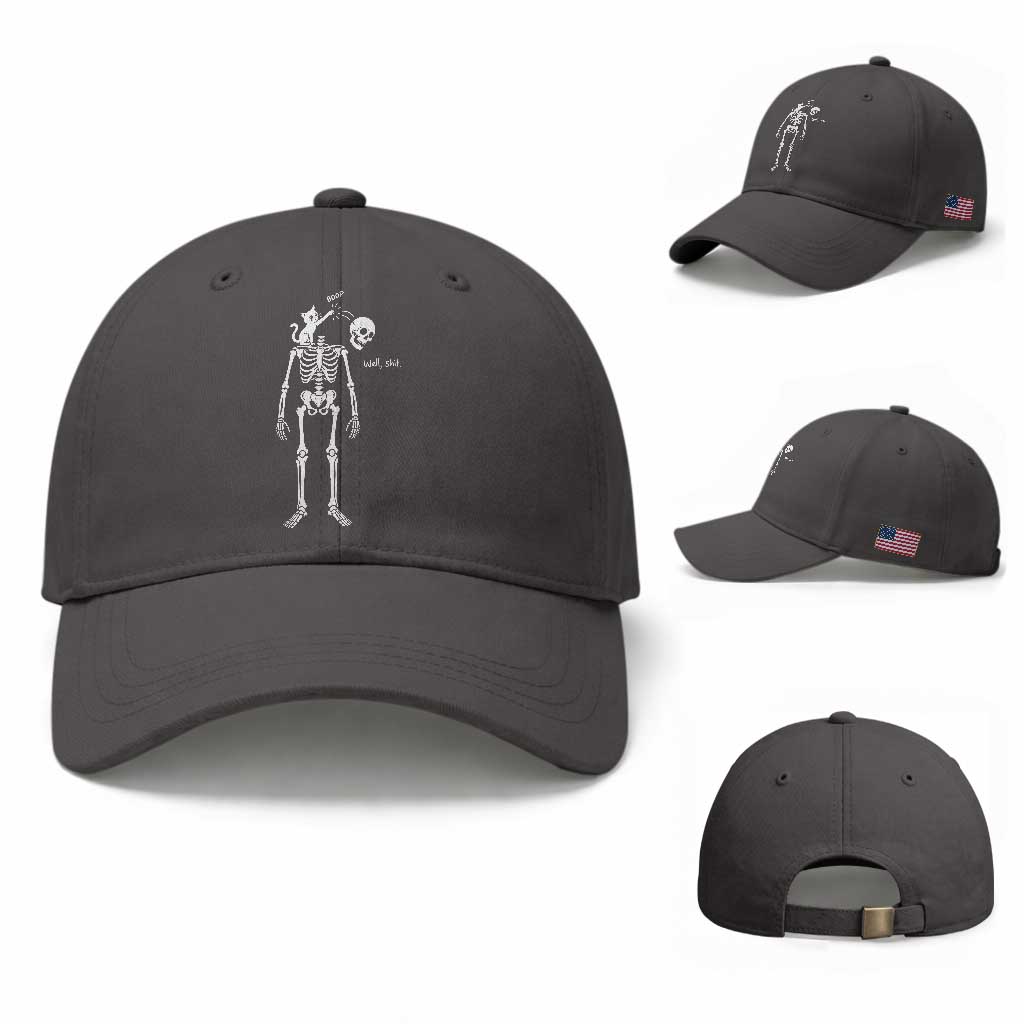 Boop Well Shit Funny Cat Knocking Skeleton Head Humor Graphic Baseball Cap TS02